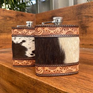 2024 New Wholesale 8oz Portable Brown Cowhide Leather Wrapped Stainless Steel Hip <b>Flask</b> Hand Tooled Leather Wine Whiskey <b>Flask</b> - Product Image 3