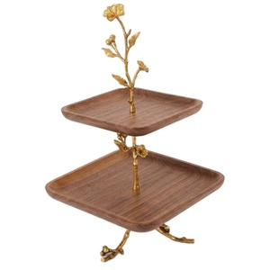 2-Tier Wooden Dessert Stand With Gold Metal Floral Branch <b>Frame</b> Nature-Inspired <b>Square</b> Acacia Wood Tiered Serving Tray For Party - Product Image 1