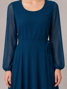 Robe Western Unie Bleu Teal Imprimée Col Profond Manches Longues Dos Noué Évasée en Chiffon Longueur Midi Décontractée Confortable pour Femme - Product Image 5
