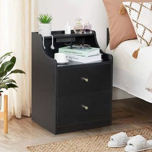 FCH <b>Black</b> Particle Board Nightstand 45*35*63cm Two Drawers with Tapered Matt Gold Handle Triamine 1 Wireless <b>Bedside</b> <b>Table</b> - Product Image 1