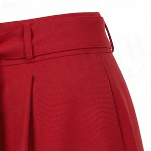 Women High Waist A-Line <b>Mini</b> <b>Skirt</b> With Belt Solid Color Woven Fabric <b>Red</b> - Product Image 5