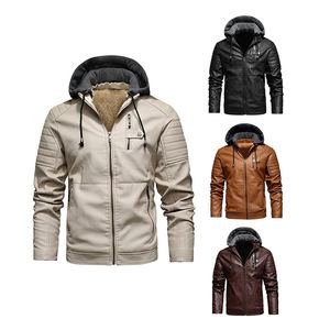 Veste à capuche en cuir PU pour homme, style motard, coupe-vent, doublure en fausse fourrure épaisse, fermeture éclair, couleur unie, vêtements d'hiver - Product Image 1