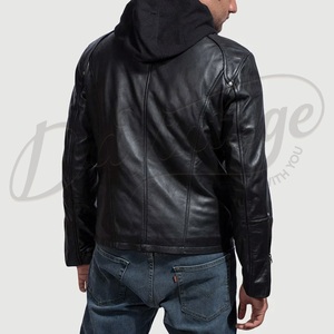 Blouson de motard tactique noir en cuir véritable pour homme avec triple poche poitrine, style course, en cuir de vachette véritable, à capuche, vente en gros - Product Image 4