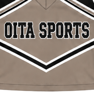 Ensemble d'uniforme de cheerleading taupe, noir et blanc, avec crop top sans manches à col en V et jupe plissée, pour spectacle de danse et équipe de cheerleading - Product Image 5