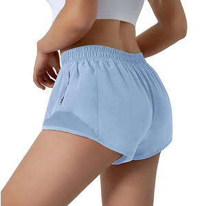 Shorts de sport pour femmes bleus, taille haute, en polyester, avec poche latérale zippée, cordon de serrage caché, respirants, pour le yoga - Product Image 5