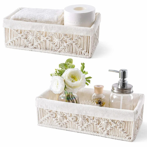 Set Of 2 White Macramé Storage <b>Baskets</b> With <b>Handles</b> For Bathroom Organization Nordic Style Decorative Woven Rope <b>Basket</b> - Product Image 2
