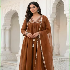 Conjunto de traje fruncido con bordado Dori en Chanderi marrón, estilo línea A - Product Image 1