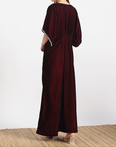 Beautiful Dubai <b>Kaftan</b> Women's Maroon Velvet With Pearl Trim V Neck Floor Length Loose Fit Modest Dress Three Quarter Sleeves - Product Image 6