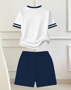 Solid Navy Blue Floral Pattern Girls Shorts Casual Comfortable Fit Medium Stretch Breathable Summer Wear Customized Color Front - Product Image 3
