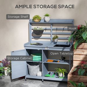 Comoda Stazione di Lavoro per Giardinaggio in Legno Grigio con Lavello e Rubinetto, Piano in Alluminio per Tavoli da Giardinaggio - Product Image 5