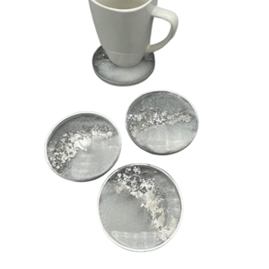 Premium Handmade Round White And <b>Silver</b> Flakes Resin <b>Coaster</b> Set Luxury Epoxy Resin Tea And Coffee <b>Coasters</b> For Home And Hotel - Product Image 1