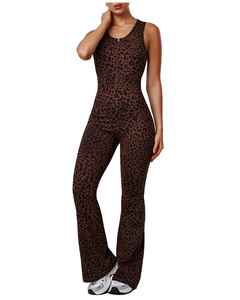 Custom <b>Women</b> Leopard Print Sleeveless Jumpsuit Zipper Scoop Neck Bodycon Flare Pants <b>Romper</b> Casual Summer Slim Fit - Product Image 1