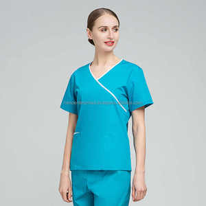 Factory Wholesale Customizable Polyester Spandex Summer Short Sleeve Contrast Neckline Wrap Hospital Uniforms Nurse <b>Scrub</b> <b>Sets</b> - Product Image 5