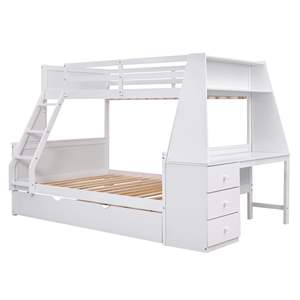 Twin <b>Over</b> Full Bunk Bed with Trundle Built-In <b>Desk</b> Three Storage Drawers and <b>Shelf</b> Kids' Furniture Set - Product Image 4