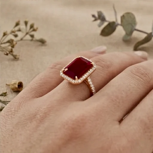 Emerald Cut Ruby Moissanite Halo Engagement <b>Ring</b> Rose Gold Vintage Bridal <b>Ring</b> Luxury <b>Statement</b> <b>Ring</b> - Product Image 5