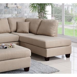 Divano Chaise Longue Reversibile con Pouf, Set 3 Pezzi in Tessuto Polyfiber, Arredamento Soggiorno con Cuscini Color Sabbia - Product Image 2