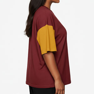 <b>Top</b> Trending Women's <b>Maroon</b> And Mustard Color Blocking T-Shirt With Logo Print Crew Neck Casual Short Sleeve 100% Cotton Jersey - Product Image 3