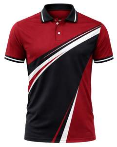 เสื้อโปโลชายสีแดงดำแบบกำหนดเอง แขนสั้น ตัดต่อสีตัดกัน สวมใส่สบาย ระบายอากาศได้ดี ผลิตจากโพลีเอสเตอร์ เหมาะสำหรับกีฬากอล์ฟ เทนนิส และเป็นชุดยูนิฟอร์ม - Product Image 1