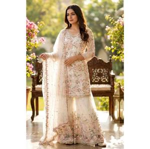 Designer <b>Net</b> Sharara Suit Set with <b>Dupatta</b> Heavy Embroidery Ethnic Wedding Party Wear Outfit with Satin Inner Elegant Style - Product Image 1