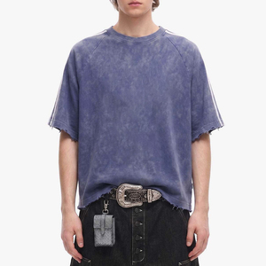Camiseta de Manga Corta para Hombre, Talla Grande, Cuello Redondo, 100% Algodón, Color Azul Sólido Lavado, con Ribete en Contraste, Estilo Casual - Product Image 5