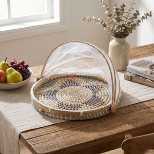 Plateau de service décoratif en jonc de mer tressé à la main avec couvercle en maille, motif tropical pour la restauration - Product Image 3