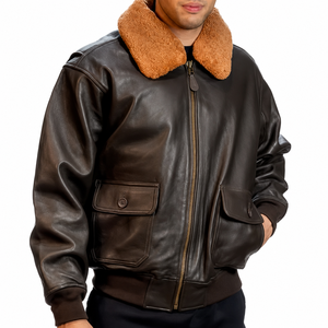 Veste en cuir de vachette marron vintage personnalisée unisexe avec col en sherpa et fausse fourrure, coupe bomber, coupe-vent, vente en gros, personnalisable - Product Image 1