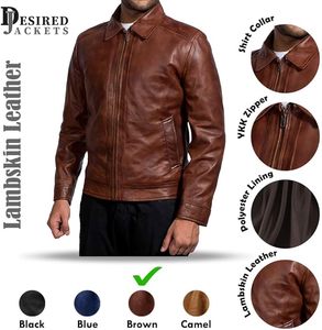 Men's Brown Genuine <b>Leather</b> <b>Jacket</b> Turn-down Collar Zipper Closure Solid Color Casual Autumn Wear Regular Length - Product Image 5