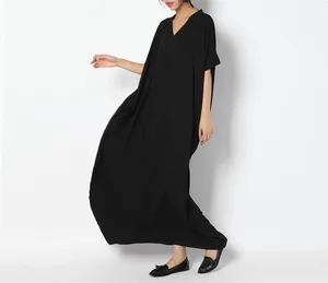 Women Black V-Neck Cotton Linen Maxi <b>Dress</b> With Short Sleeve <b>Loose</b> Fit Summer Boho Style Casual Daily Wear - Product Image 1