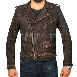 Chaqueta de motorista de cuero de vaca desgastada para hombre, chaqueta de motorista de cuero de motocicleta Vintage, chaqueta de Moto Retro hecha a mano para Casual - Product Image 1