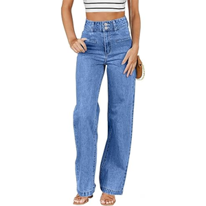 Jeans de Mezclilla Casuales para Mujer, Corte Recto, Cintura Alta, Ajuste Holgado, 100% Algodón Tejido, Color Azul Lavado - Product Image 1