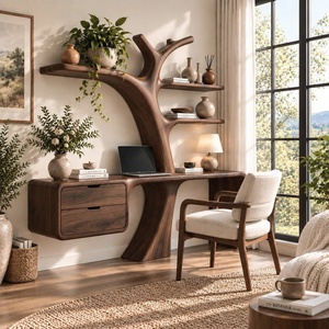 Escritorio de Madera Contemporáneo de Lujo, Hecho a Mano, para Montar en la Pared, con Estantes en Forma de Árbol y Cajón, para Oficina en Casa - Product Image 3