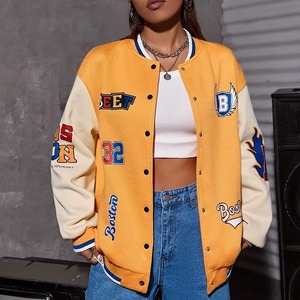 Classic <b>Women</b> Varsity <b>Jacket</b> With Contrast Sleeves And Ribbed Hem Custom Logo <b>Women</b> Varsity <b>Jacket</b> - Product Image 4