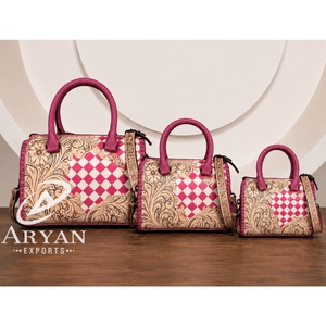 Handmade 2026 New Pink & White Checkered Tooled Cow Leather Speedy Bag Medium 11" Western Cowgirl Handbag Crossbody Duffel Bag - Product Image 1