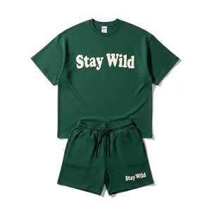 Men's Green Two-Piece <b>Set</b> Crew Neck T-Shirt Shorts Breathable Letter Print Casual Summer Wear Men's Oversized Streetwear <b>Set</b> - Product Image 1
