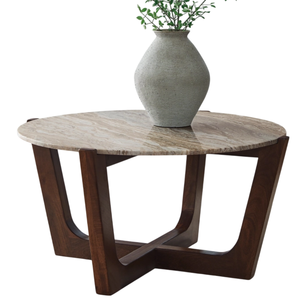Table basse de salon moderne, durable et écologique, avec plateau rond en marbre travertin et pieds pliants en bois de manguier massif finition marron - Product Image 3