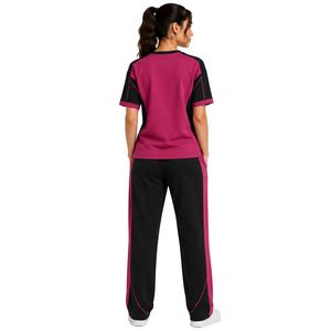 Ensemble décontracté deux pièces pour femme, t-shirt à manches courtes et pantalon droit, magenta et noir, avec contraste, personnalisable - Product Image 2