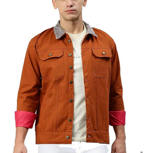 Men's Orange Denim Shirt <b>Jacket</b> Zipper Closure Pink Cuffs Stand Collar Casual <b>Slim</b> <b>Fit</b> Winter Streetwear Windproof 100% Cotton - Product Image 3