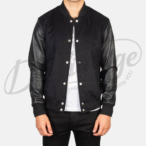 Chaqueta Bomber Varsity de Lana Negra para Hombre con Mangas de Cuero Genuino, Estilo Clásico Letterman, Corte Ajustado, Ropa Exterior de Béisbol - Product Image 6