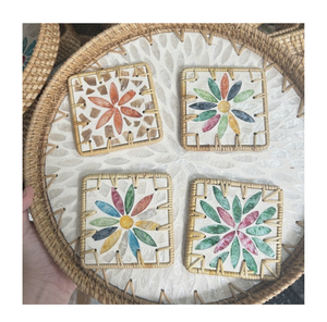 Handwoven Rattan Mother of Pearl Coaster Round Cup Mat for Home Hotel <b>Coffee</b> <b>Table</b> Decor - Product Image 1
