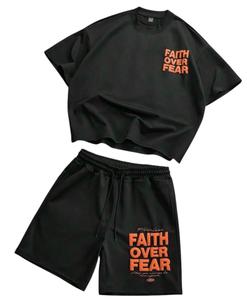 <b>Black</b> Oversized <b>Men</b> T-Shirt and <b>Shorts</b> Set 100% Cotton Knitted 180g Eco-Friendly Casual Streetwear Two-Piece Outfit - Product Image 1