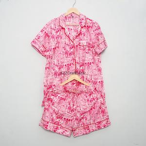 Ensemble de pyjama court pour femme en coton pur 100% respirant et doux, imprimé fleuri, col en V, fermeture à cordon, été - Product Image 6