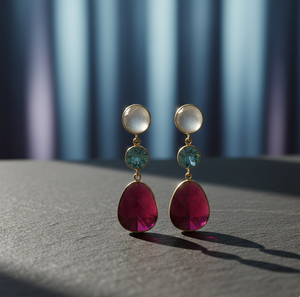 Boucles d'oreilles pendantes en argent 925 plaqué or 18 carats avec pierres fantaisie rondes blanches et bleues arc-en-ciel, bijoux faits à la main en gros - Product Image 4