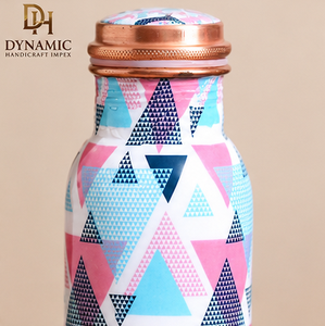 Botella de agua de cobre de primera calidad, diseño geométrico impreso hecho a mano, botella reutilizable con tapa de rosca para el hogar, oficina y viajes - Product Image 6