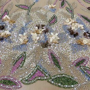 Nouveau design 2026 – Tissu en dentelle de tulle brodé à la main de fleurs 3D, multicolore, avec sequins floraux pour robes de soirée et robes de luxe - Product Image 1