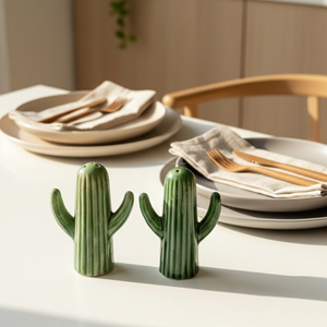 Juego de Salero y Pimentero de Cerámica con Diseño de Cactus |   Vajilla con Acabado Retro Glaseado |   Accesorio Decorativo Ecológico para Cocina y Comedor - Product Image 4
