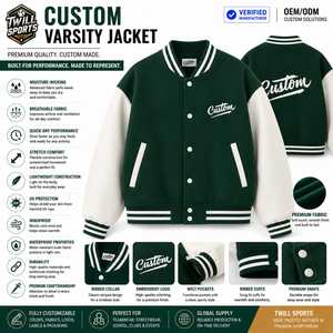 Custom <b>Men</b> Varsity <b>Jacket</b> Green <b>White</b> Embroidered Front Button Casual Style Winter Wear Heated Breathable Windproof - Product Image 3