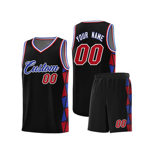 Ensemble de maillots de basket-ball personnalisés, noir, col en V, sans manches, maille respirante, unisexe, vêtements d'équipe pour adultes, imprimé géométrique sublimé - Product Image 1