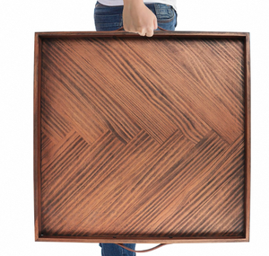 Grand plateau de service carré en bois de 24 x 24 pouces avec poignées, plateau pour table basse, salon et cuisine - Product Image 1