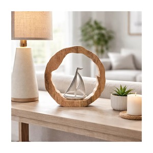 Sculpture de bateau circulaire en bois faite à la main, décoration de table, art moderne pour salon, thème animalier, cadeau artisanal - Product Image 1