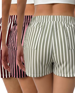 Women's High Waist Striped Knitted Shorts Elastic Waist Casual Breathable Regular Fit Short Pants Green White Pattern - Product Image 2